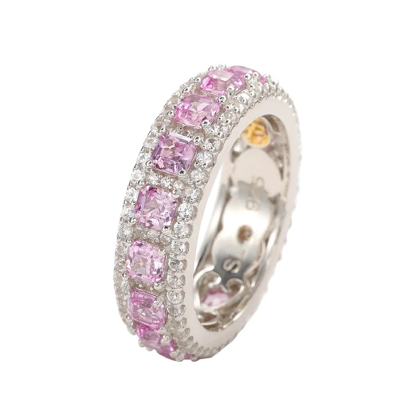 Rings with twisted rose gold band designs -Suzy Levian Sterling Silver Pink Sapphire Diamond Accent Modern Eternity Band