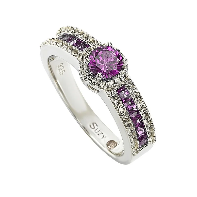 Rings with claw-set amethyst for security -Suzy Levian Sterling Silver Pink Sapphire & Diamond Accent Princess-Cut Bridal Ring