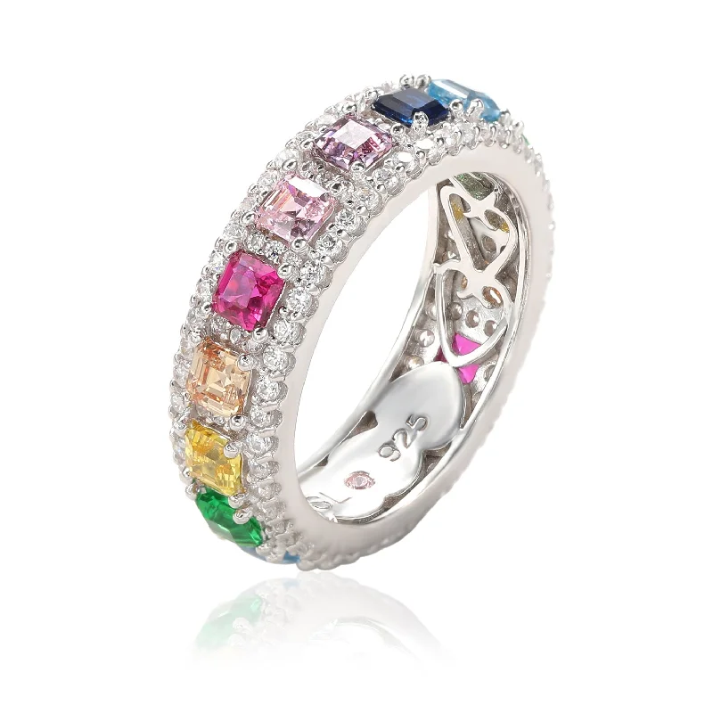 Rings with vintage-inspired rose-cut diamonds -Suzy Levian Sterling Silver Rainbow Cubic Zirconia Modern Eternity Band