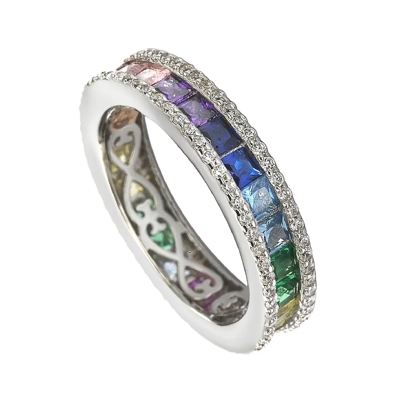 Rings with gothic-inspired skull motif details -Suzy Levian Sterling Silver Rainbow Cubic Zirconia Modern Eternity Band