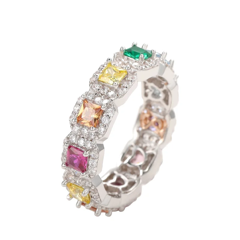 Rings with raw topaz for icy charm -Suzy Levian Sterling Silver Rainbow Cubic Zirconia Princess Cut Eternity Band