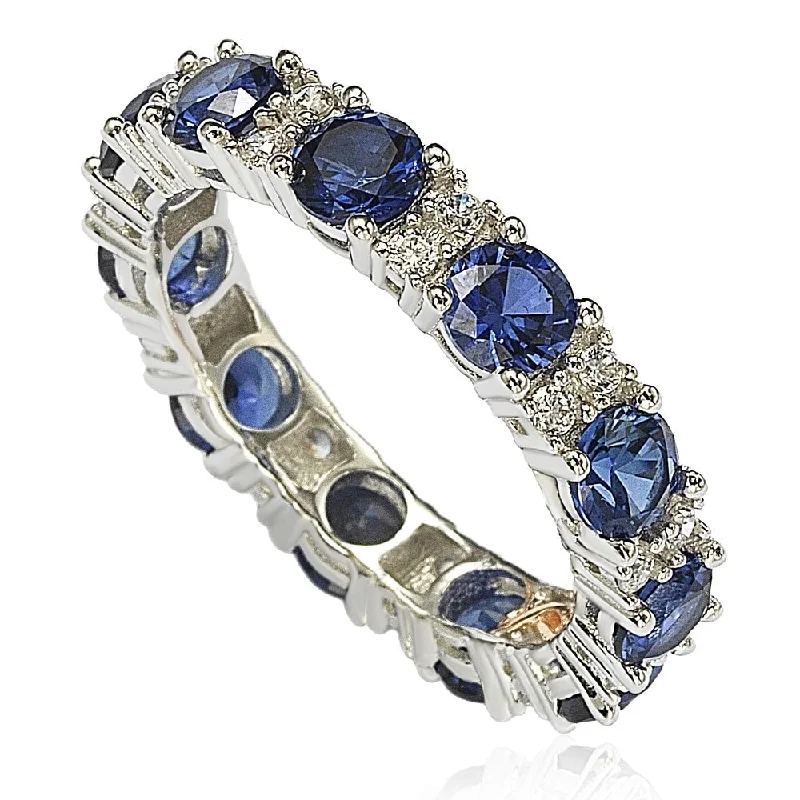 Rings with polished jade for smooth calm -Suzy Levian Sterling Silver Round Cut Sapphire and Diamond Accent Eternity Band