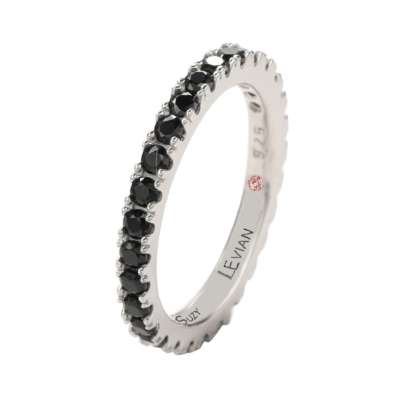 Rings with spiral designs for eye-catching twist -Suzy Levian Sterling Silver Thin Black Cubic Zirconia Eternity Band