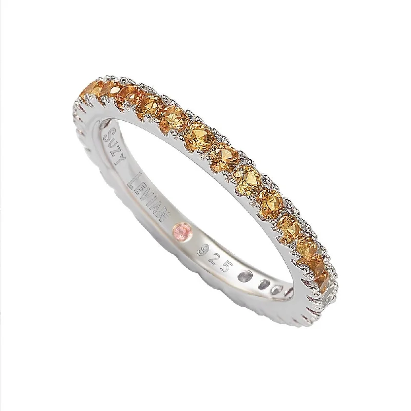 Rings with pink sapphire for delicate charm -Suzy Levian Sterling Silver Thin Orange Cubic Zirconia Eternity Band