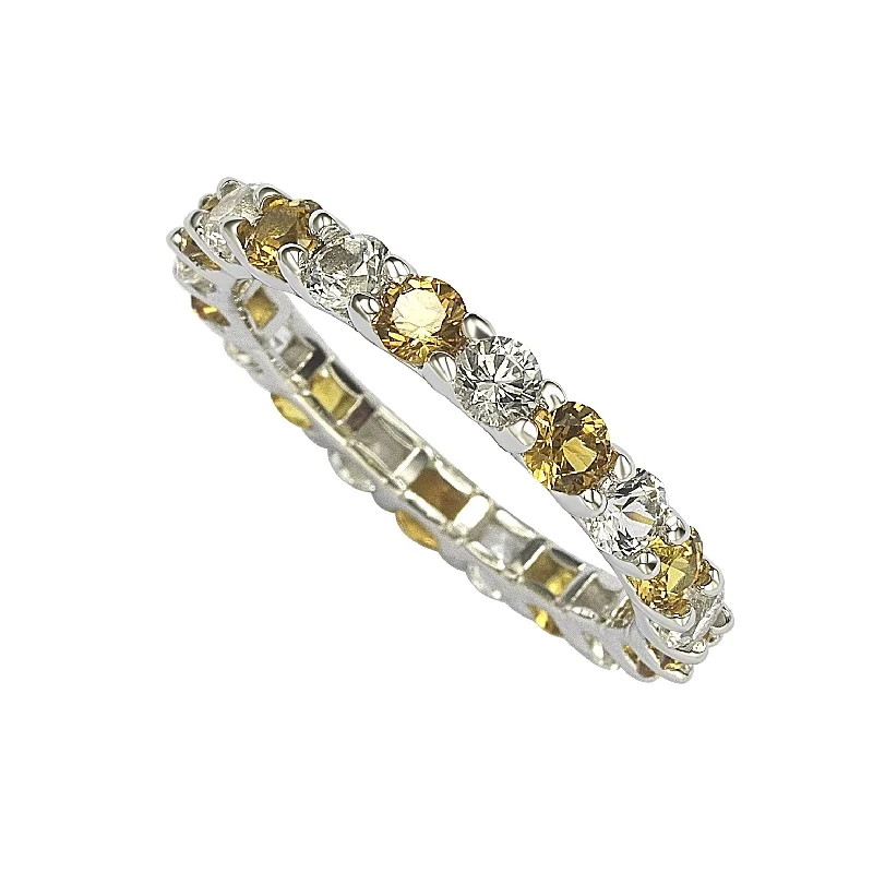 Rings with rough sapphire for rugged chic -Suzy Levian Sterling Silver Yellow & White Sapphire & Diamond Accent Eternity Ring