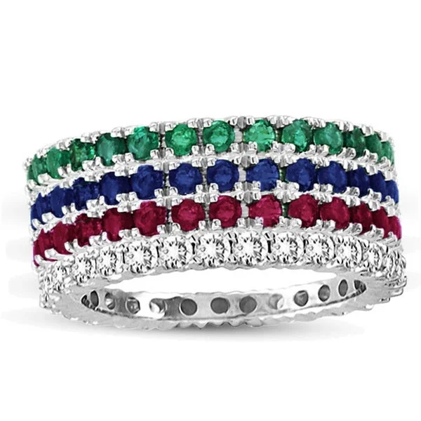 Rings with floral amethyst for romantic touch -Suzy Levian White Gold Ruby Emerald Diamond Sapphire 4-Piece Eternity Band Ring Set