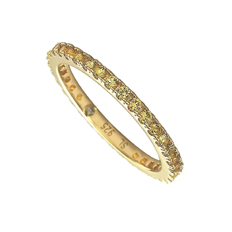 Rings with sunstone gems for fiery sparkle -Suzy Levian Yellow Gold Sterling Silver Thin Yellow Sapphire Eternity Band