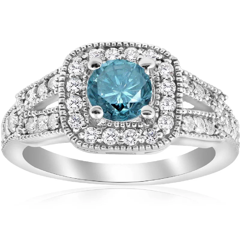 Rings with polished tourmaline for vibrant shine -1 1/10ct Blue Diamond Cushion Halo Engagement Ring 14K White Gold