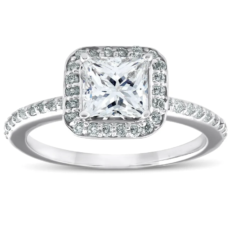 Rings with shield-shaped stones for boldness -1 1/10ct Princess Cut Enhanced Diamond Engagement Halo Ring 14k White Gold