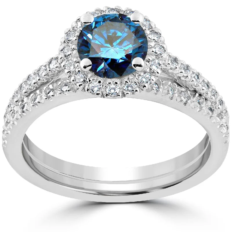 Rings with rough sapphire for rugged chic -1 1/2 ct Blue Diamond Halo Engagement Wedding Ring Set 14k White Gold