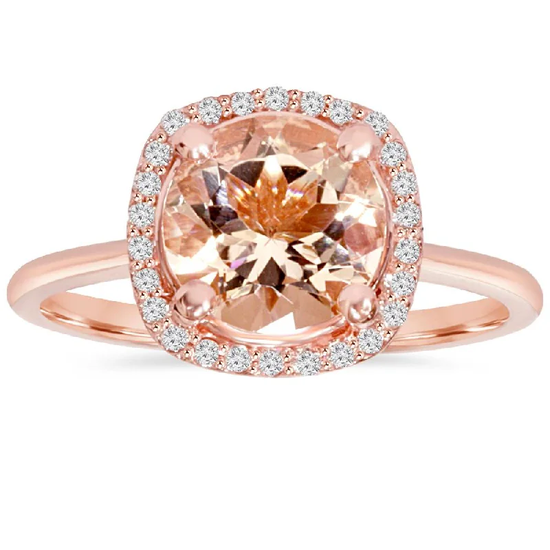 Rings with tourmaline gems for bold hues -1 3/4 CT Morganite & Diamond Cushion Halo 14K Rose Gold Ring