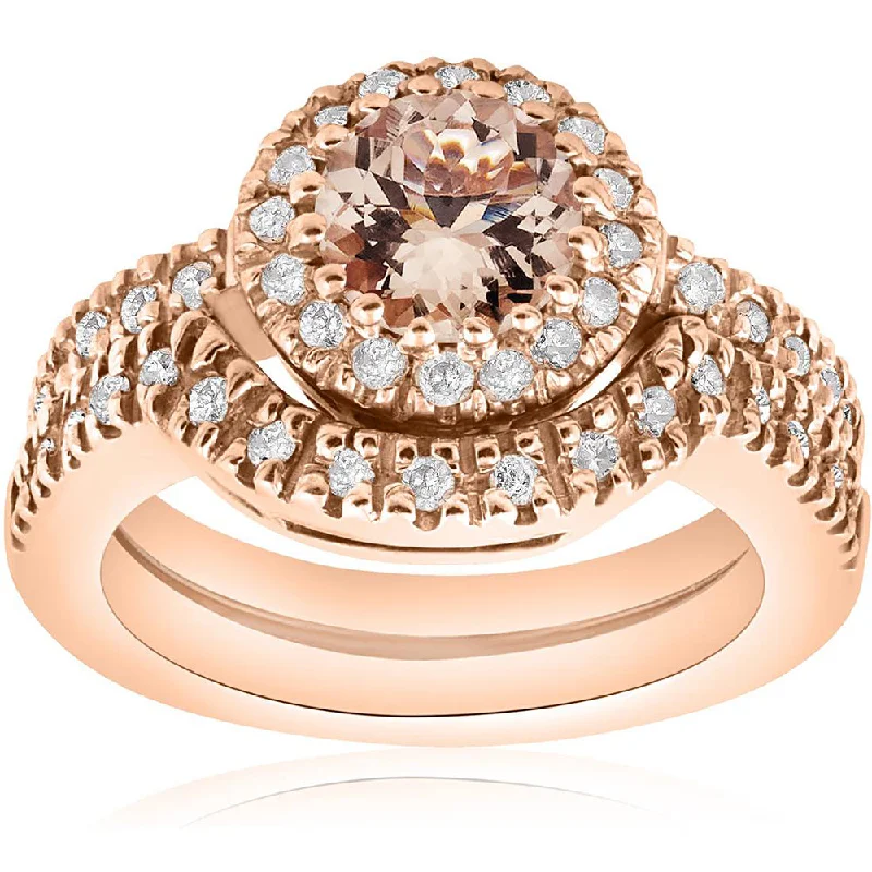 Rings with aquamarine stones for ocean charm -1 3/8 Ct Morganite & Diamond Engagement Ring Set 14K Rose Gold