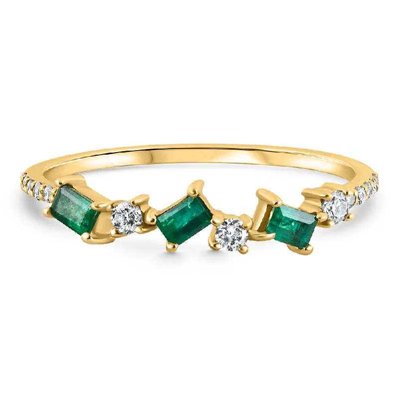 Rings with herkimer diamonds for raw clarity -1/3Ct Emerald & Diamond Stackable Ring Anniversary Wedding Band 14k Yellow Gold