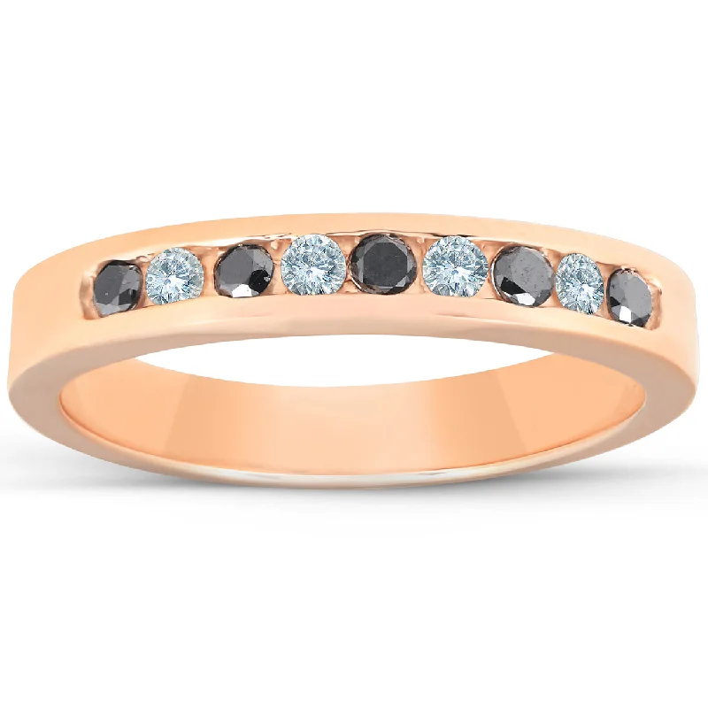 Rings with twisted rose gold band designs -1/4ct Black & White Diamond Ring 14K Rose Gold Womens Wedding Stackable Band