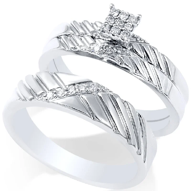 Vintage rings with engraved floral band designs -1/4ct Diamond Engagement Matching Wedding Ring Set 14K White Gold