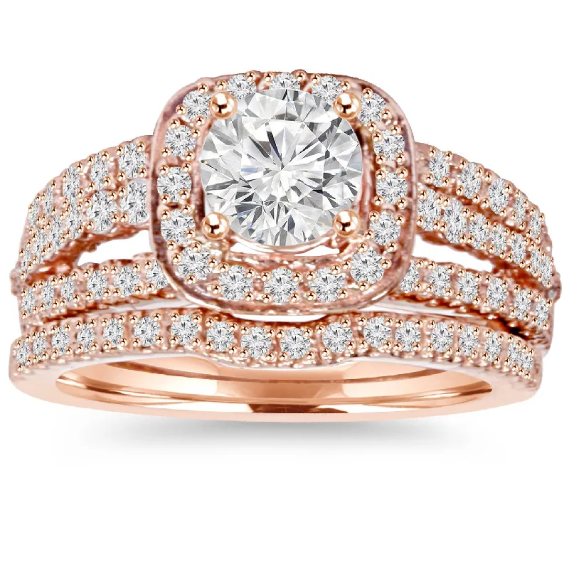 Stackable rings with mixed metal finishes -1.50CT Cushion Halo Diamond Engagement Ring Set 14K Rose Gold