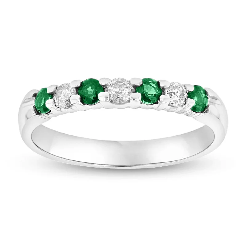 Titanium rings with rugged brushed metal look -14K Gold Ring 0.54ct tw Round Diamonds and Emeralds Prong Set Band