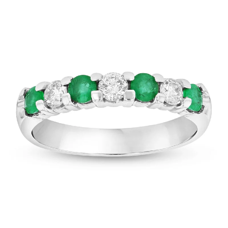 Rings with bold ruby stones for drama -14K Gold Ring 0.78ct tw Round Diamonds and Emeralds Prong Set Band