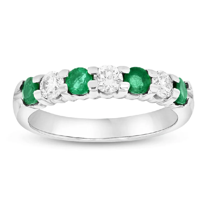 Minimalist rings with tiny diamond dot accents -14K Gold Ring 1.00ct tw Round Diamonds and Emeralds Prong Set Band