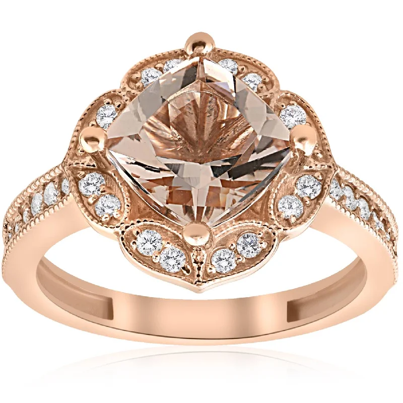 Titanium rings with rugged brushed metal look -2 1/3ct Cushion Morganite Vintage Diamond Halo Engagement Ring 14K Rose Gold