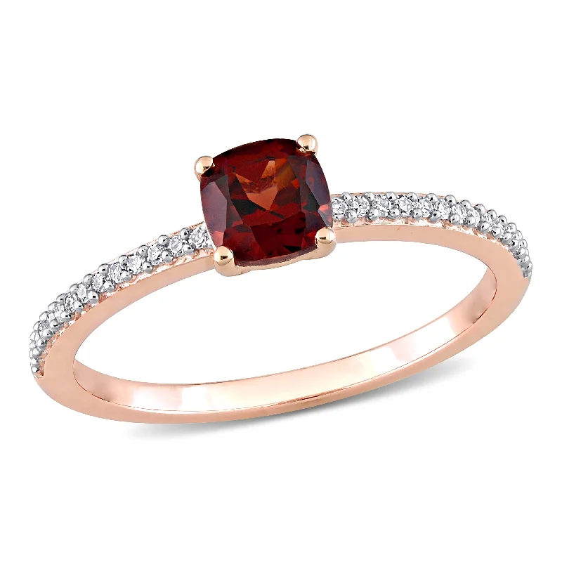 Rings with knot motifs for symbolic love -5/8 CT TGW Cushion Garnet and 1/10 CT TW Promise Ring in 10k Rose Gold