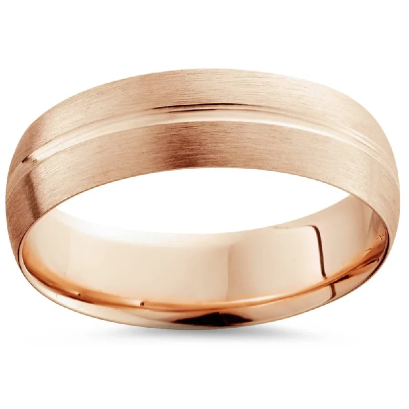 Dainty rings with subtle engraved star motifs -6mm Low Dome 14K Rose Gold Single Groove Brush Finish Wedding Band