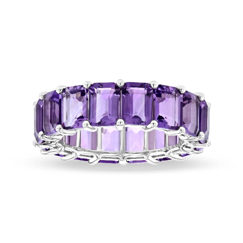 Rings with adjustable bands for perfect fit -8.55ctw Amethyst Emerald Cut Eternity Ring in 14k White Gold