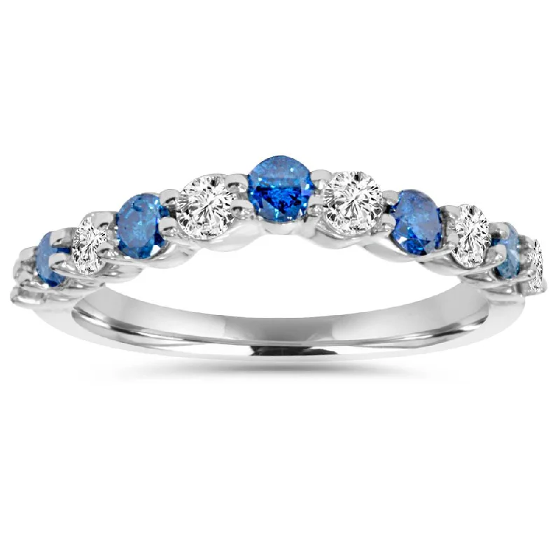 Rings with hammered silver for rustic appeal -.85CT Blue & White Diamond Curved Wedding Ring 14K White Gold