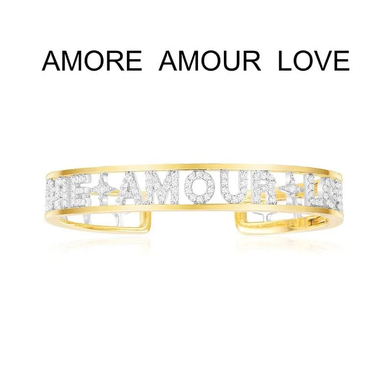 Stunning necklaces and pendants with sapphire gemstones for a luxurious blue hue-AMORE AMOUR LOVE Open Cuff - Yellow Silver