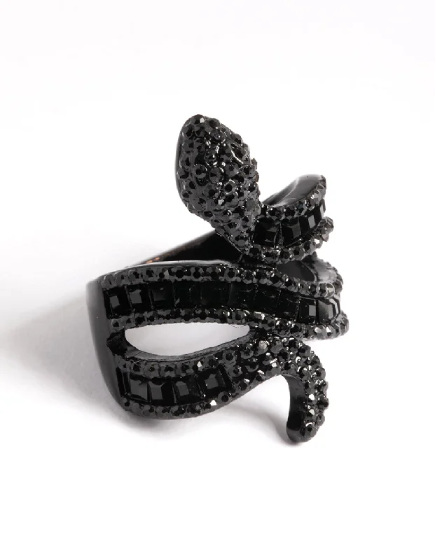 Rings with rough peridot for green texture -Black Baguette Snake Ring