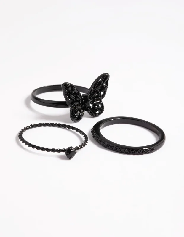 Rings with birthstone clusters for personalization -Black Butterfly Ring 3-Pack