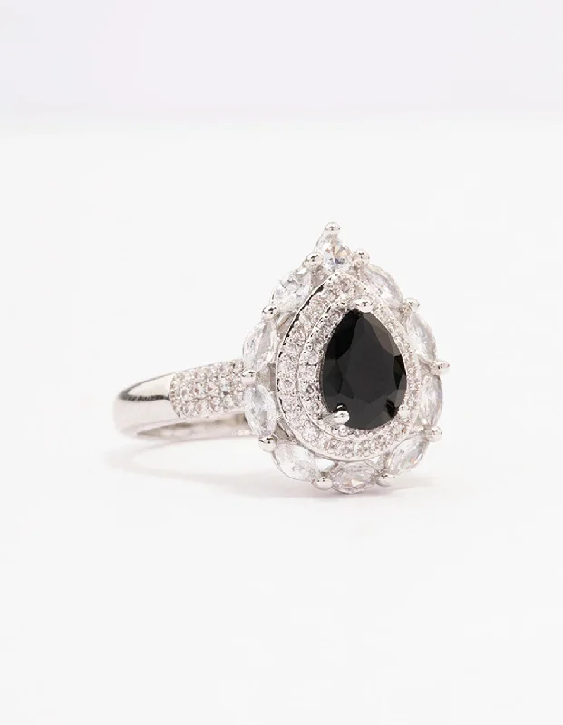 Rings with rough opal for organic shine -Black Flare Pear Cubic Zirconia Ring