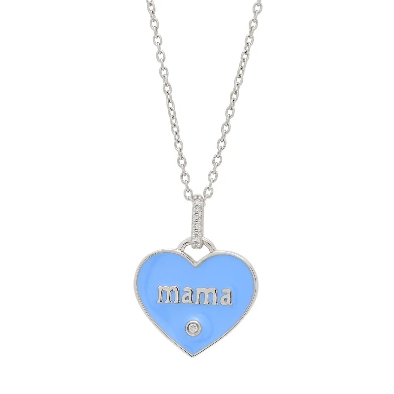 Unique necklaces and pendants with artistic shapes for a creative, one-of-a-kind design-Blue Enamel Mama Heart Pendant in Sterling Silver (.03ct tw)