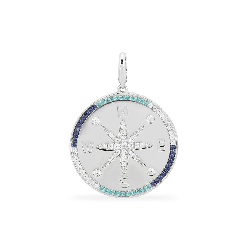 Necklaces and pendants with custom designs for a completely unique jewelry piece-Compass Medal with Navy & Lagoon Stones (Clippable) -  White Silver