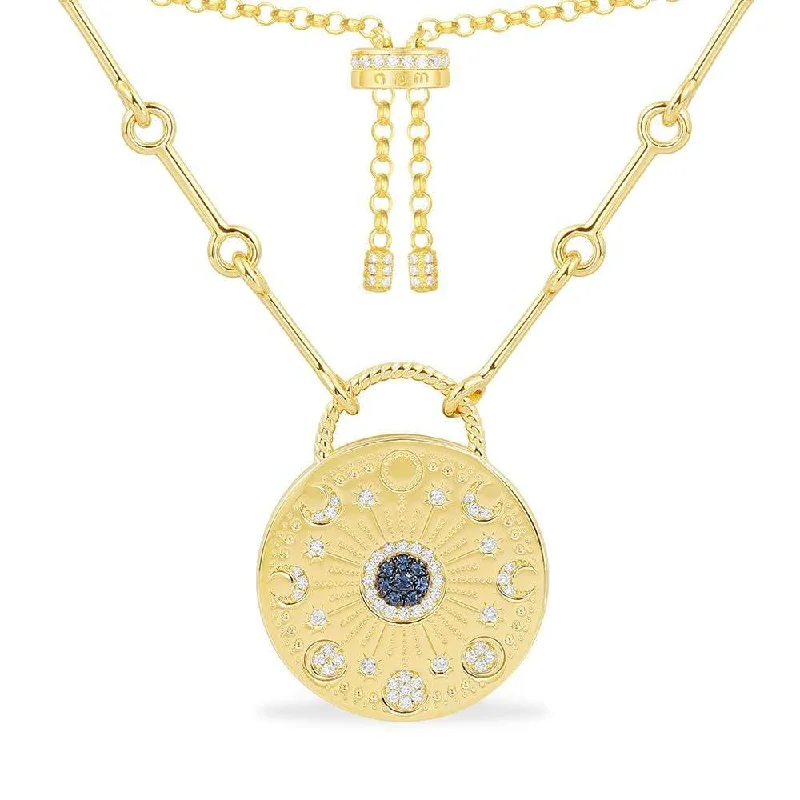 Necklaces and pendants with diamond pendants for a luxurious sparkling effect-Embellished Sun & Moon Medal Adjustable Necklace - Yellow Silver