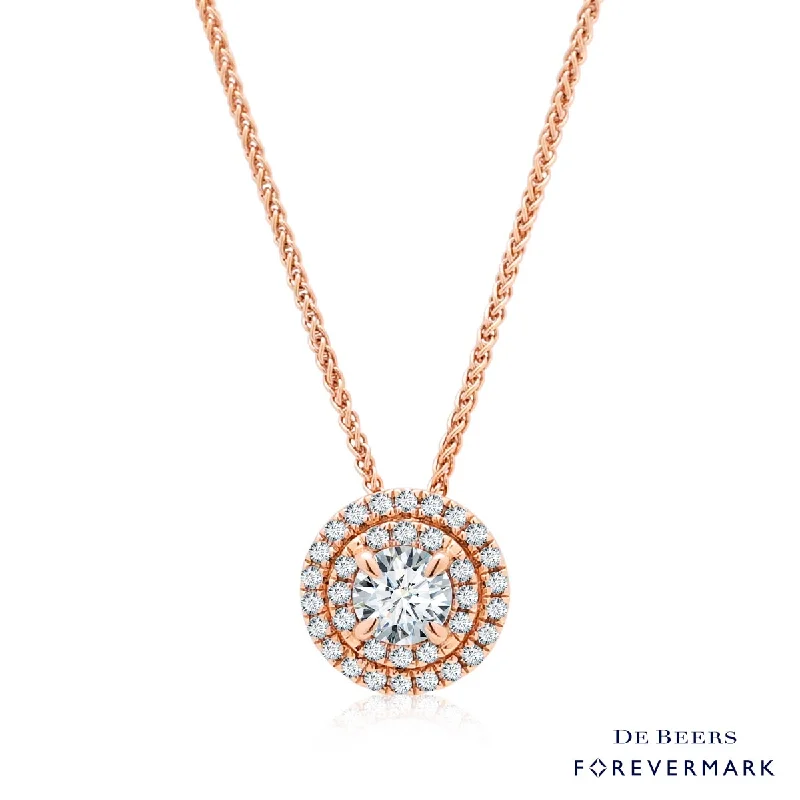 Necklaces and pendants with ocean-inspired designs for a refreshing, beachy feel-De Beers Forevermark Center of My Universe Diamond Halo Necklace in 18kt Rose Gold (1/4ct tw)