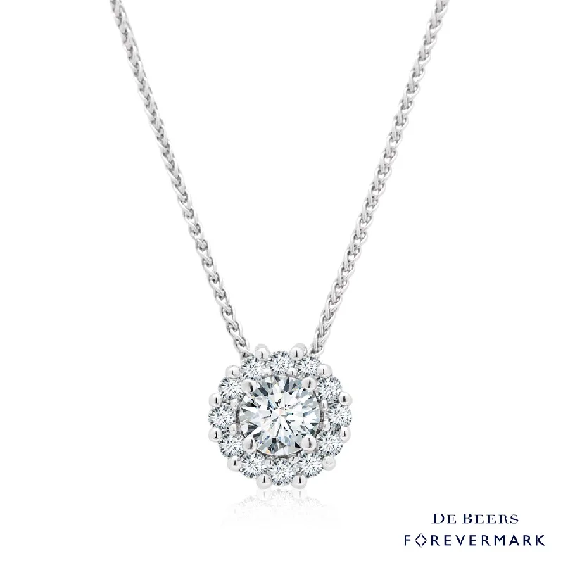 Necklaces and pendants with leaf-shaped designs for an earthy, organic feel-De Beers Forevermark Center of My Universe Diamond Halo  Necklace in 18kt White Gold (3/8ct tw)