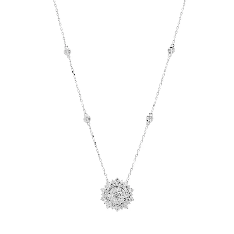 Stunning necklaces and pendants with aquamarine stones for a serene effect-Diamond Sunburst Necklace in 14kt White Gold (1ct tw)