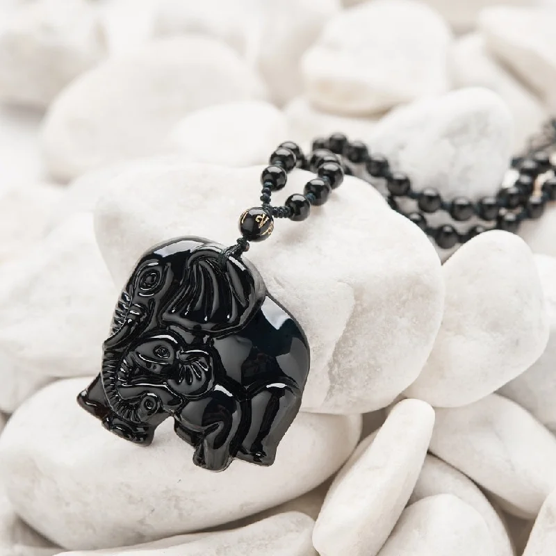 Necklaces and pendants with clear quartz for a pure and radiant look-Elephant Charm Black Obsidian Crystal Necklace