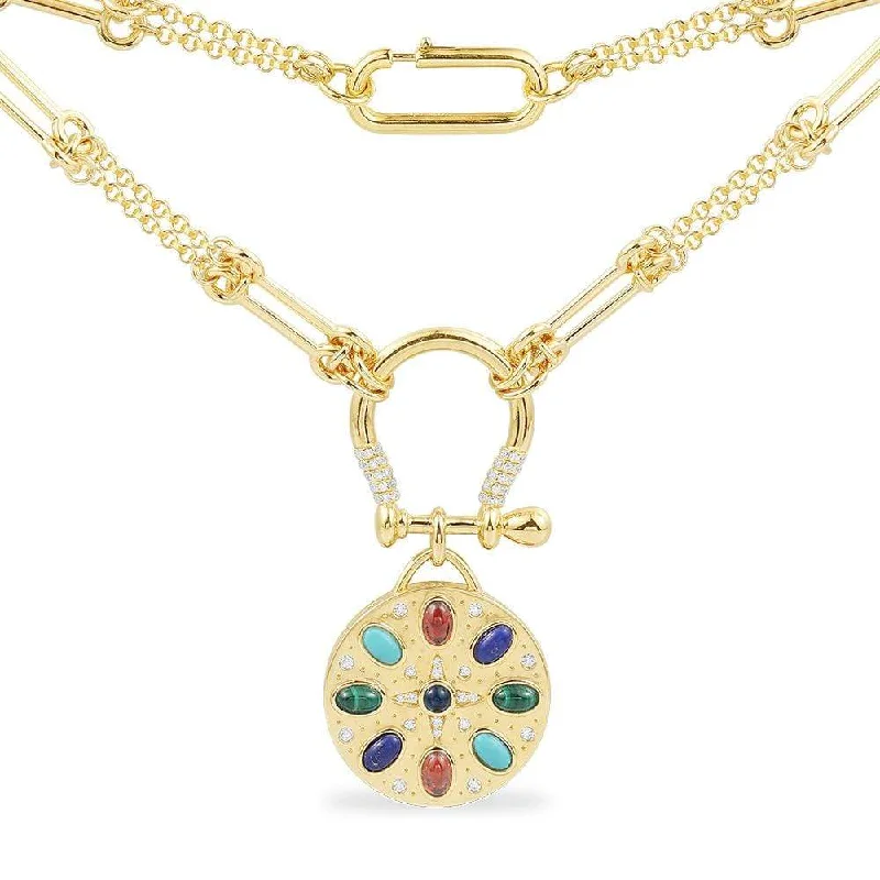 Best necklaces and pendants with intricate filigree for vintage-inspired elegance-Multicolor Stone Medal Necklace - Yellow Silver