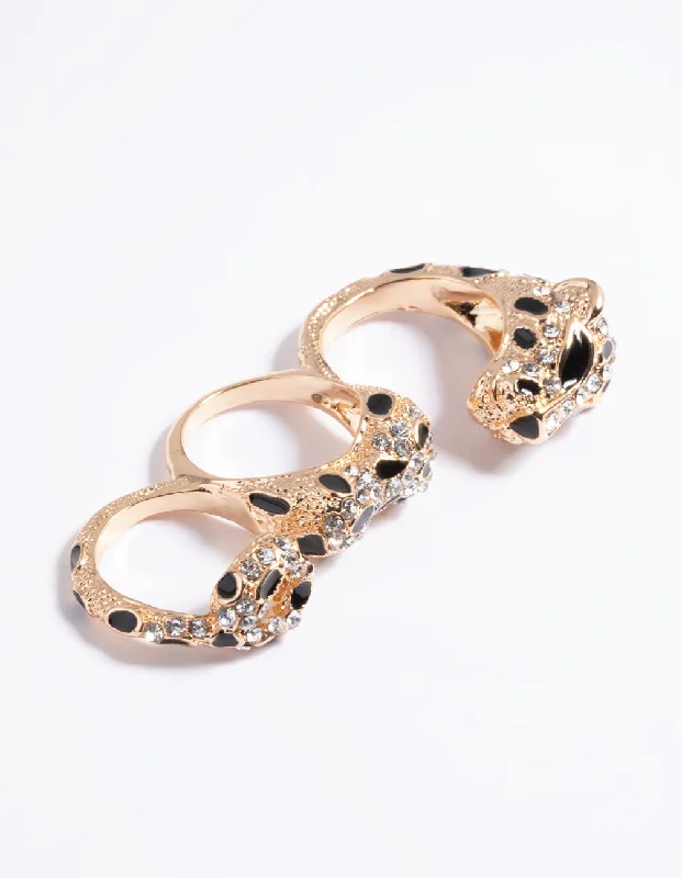 Rings with delicate filigree sapphire settings -Gold Leopard Double Finger Ring