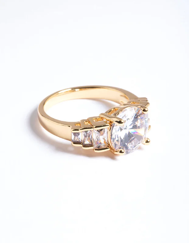 Rings with rose quartz for soft romance -Gold Plated Cubic Zirconia Large Solitare Ring