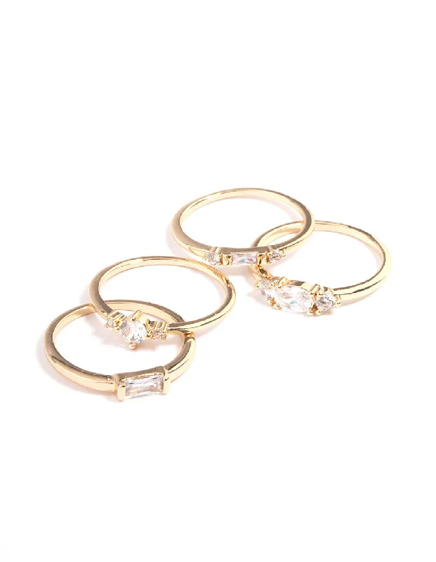 Rings with rough sapphire for rugged chic -Gold Plated Cubic Zirconia Mixed Shape Rings 4-Pack