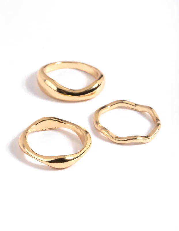 Rings with vintage-inspired rose-cut diamonds -Gold Plated Molten Band Ring Pack