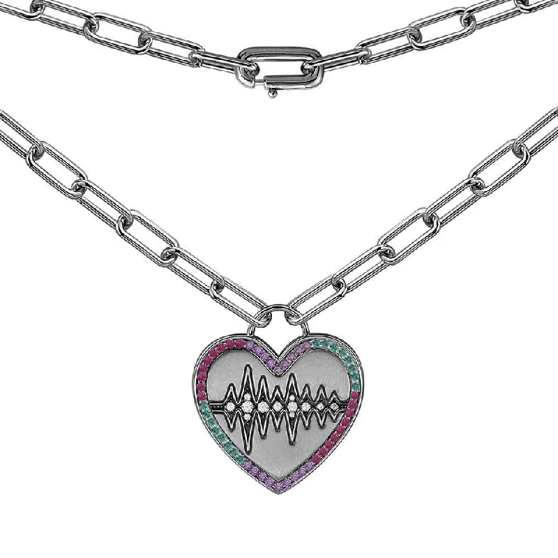 Beautiful necklaces and pendants with natural stones for an earthy, organic vibe-Heart Beat Necklace with Colorful Stones - Dark Grey Silver