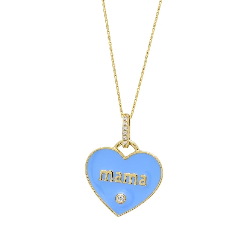 Unique necklaces and pendants with custom birthstone arrangements for personalization-Mama Blue Enamel Heart Pendant with Diamonds in 10kt Yellow Gold (.03ct tw)