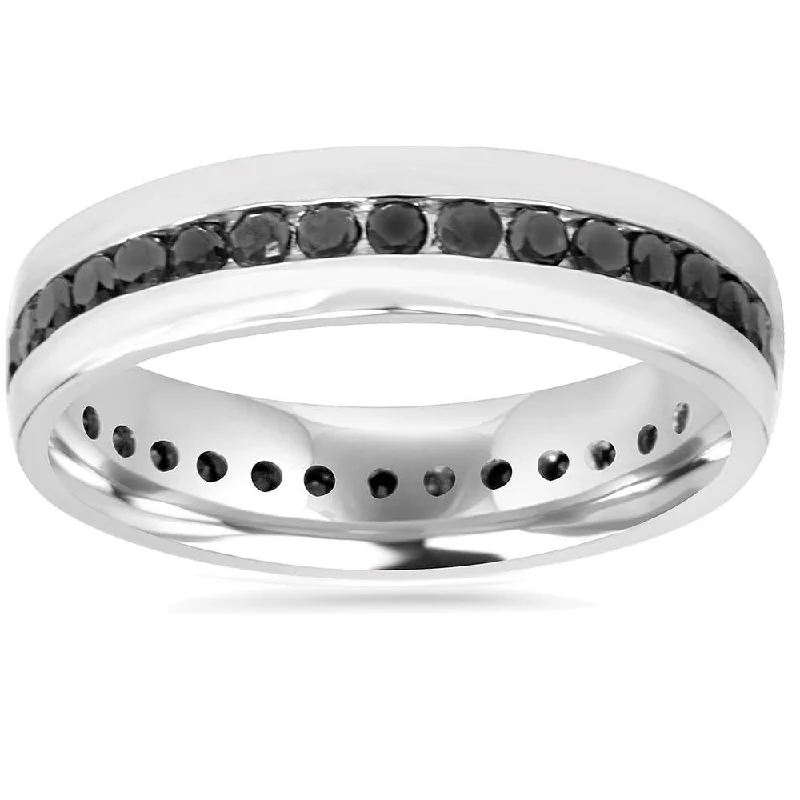 Rings with polished tourmaline for vibrant shine -Mens 1 1/4ct Channel Set Black Diamond Eternity Ring Wedding Band 10K White Gold