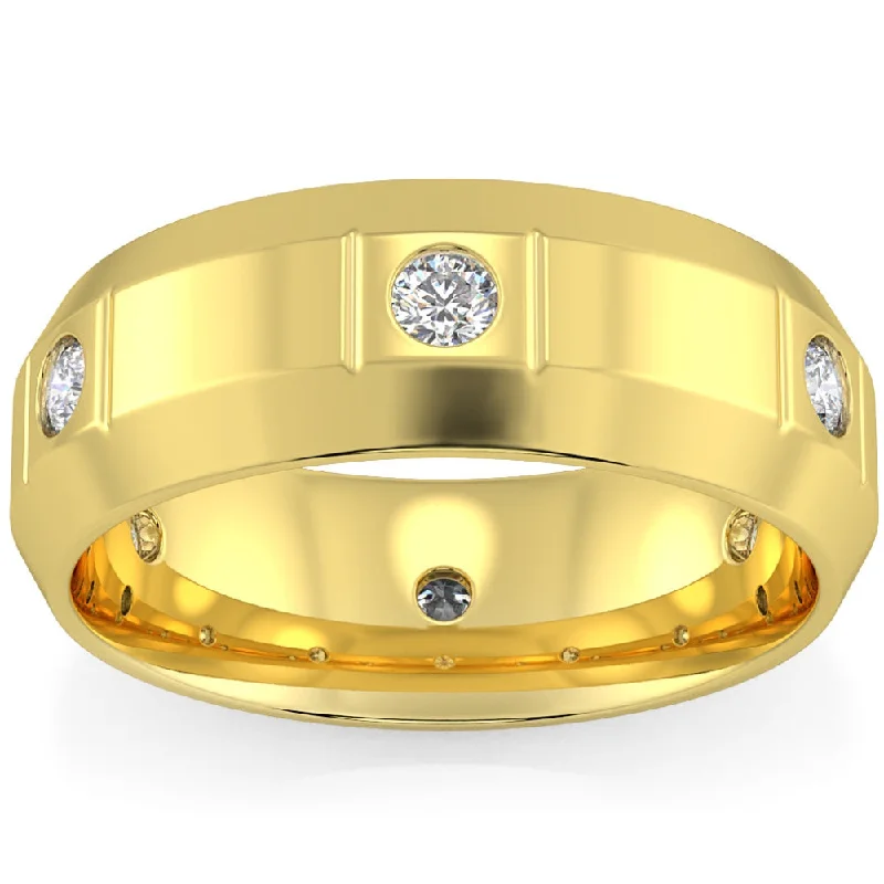 Rings with sunburst citrine for radiant appeal -Men's 3/4Ct Round Cut Diamond Polished 8mm Wedding Ring Gold Lab Grown