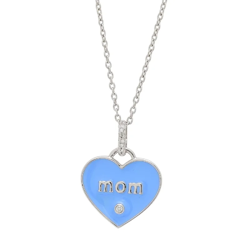 Necklaces and pendants with personalized charms for a custom piece of jewelry-Mom Blue Enamel Heart Pendant with Diamonds in Sterling Silver (.03ct tw)