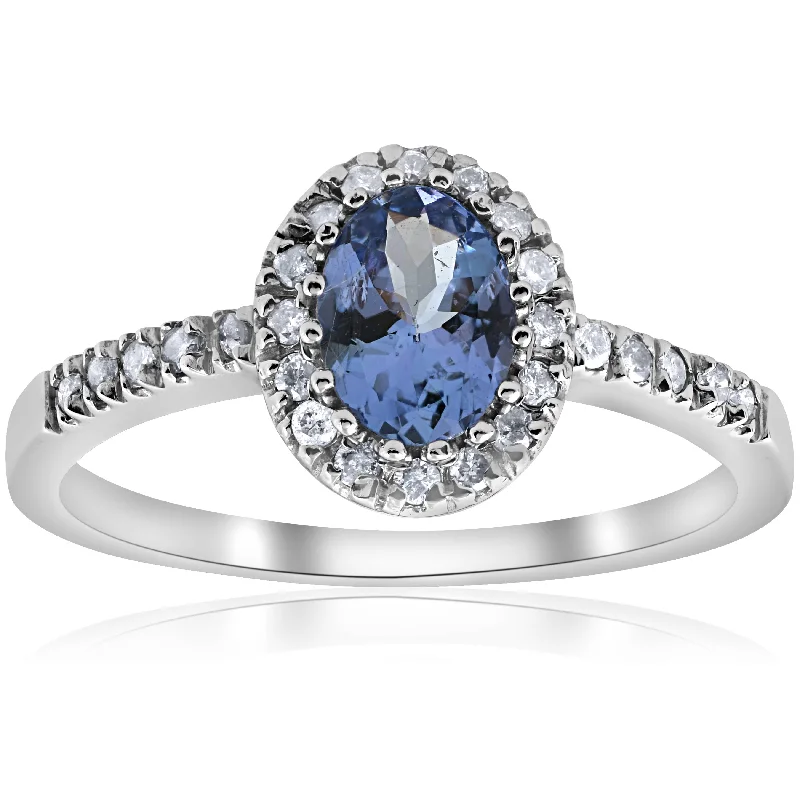 Rings with carved turquoise for artistic flair -Oval Tanzanite Halo Diamond Ring 10K White Gold